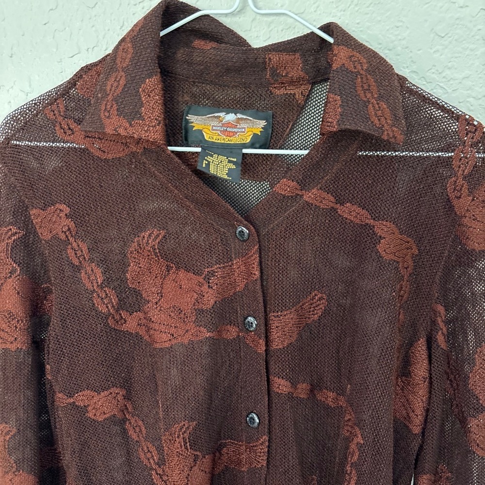 VTG 90s Harley-Davidson copper sheer mesh button down with logo detail. - Picture 3 of 7